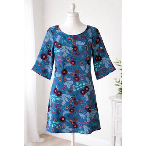 BeBop Floral Tunic Shift Dress Blue Boho Casual Chic Elbow Sleeve Women's Small